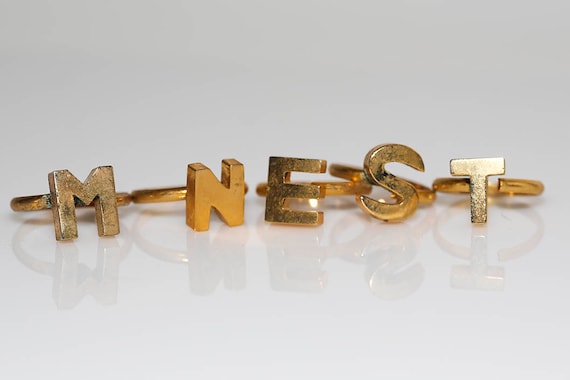 Vintage Mid-Century Initial Rings Gold Tone Letter Alphabet NOS Adjustable