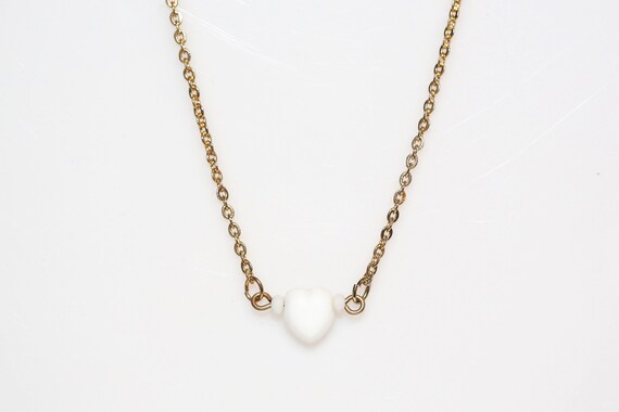Vintage White Heart Necklace NOS Gold Tone Chain Plastic Heart Bead Pendant Dainty Delicate