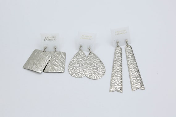 Vintage Silver Textured Dangle Earrings NOS 1980s Retro Large Drop Earrings