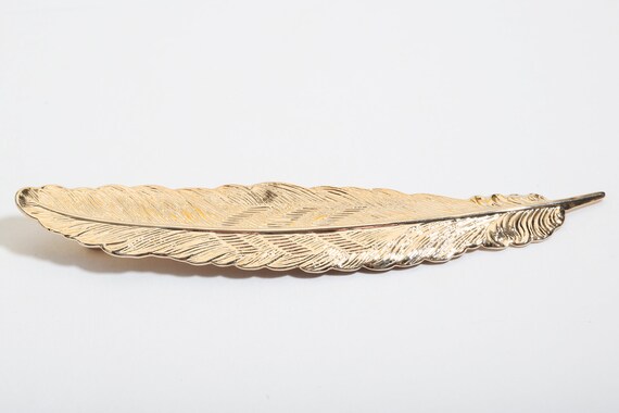 Vintage Metal Feather Barrette NOS Gold Tone Hair Clip
