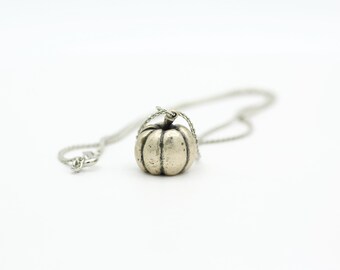 Vintage Pumpkin Pendant Necklace | 3-Dimensional Silver Tone Pewter Halloween Charm