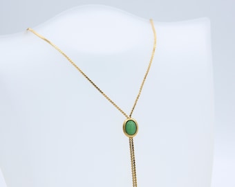 Vintage 1980 Sarah Coventry MINT DELIGHT Necklace Bolo Drop Green Pendant Gold Tone Chain Rare!