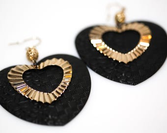 Vintage Large Eighties Heart Earrings Dangle Drop Black and Gold NOS