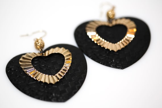 Vintage Large Eighties Heart Earrings Dangle Drop Black and Gold NOS
