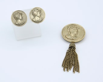 Vintage 1975 Sarah Coventry CENTURION Clip On Earrings Pendant/Pin Brooch Tassel Gold Tone Coin Set Rare!