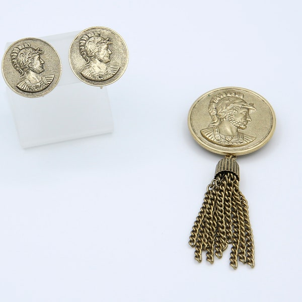 Vintage 1975 Sarah Coventry CENTURION Clip On Earrings Pendant/Pin Brooch Tassel Gold Tone Coin Set Rare!