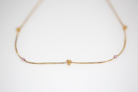 Vintage Delicate Pink Pearl and Heart Necklace NOS Gold Tone Chain Dainty Faux Pearl