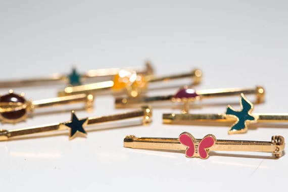 Vintage Enameled Metal Bar Pins NOS Star Mushroom Umbrella Ladybug Butterfly Bird