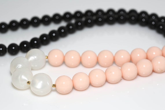 Vintage Pink Black White Lucite Necklace Moonglow Beads Long Lucite Beads Necklace 1960s Necklace