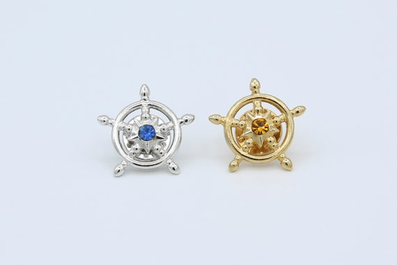 Vintage Sarah Coventry Rhinestone SHIPS WHEEL Sales Award Pin Rare Brooch Silver Gold Tone Blue Orange