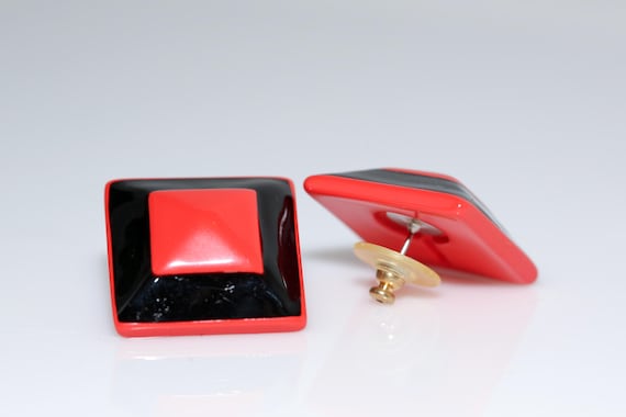 Vintage Red and Black Pyramid Earrings NOS Square Plastic Studs 1980s