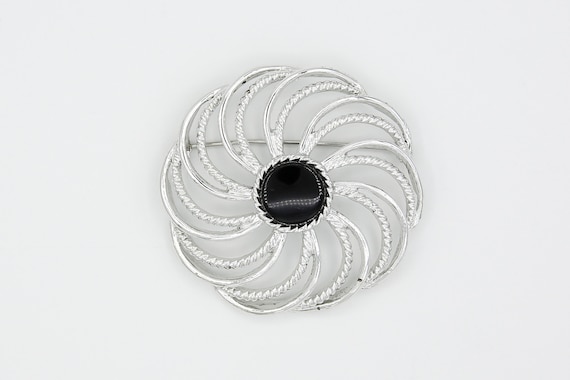 1966 Sarah Coventry MYSTIC SWIRL Pin Brooch Silver Tone Black RARE Vintage 60s