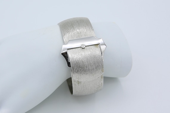 Vintage 1973 Sarah Coventry BUCKLE CUFF Bangle Bracelet Etched Matte Silver Tone RARE