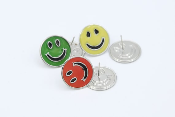 Vintage Smiley Face Stud Earrings - NOS Green Red Orange Yellow Retro Enameled Metal Studs