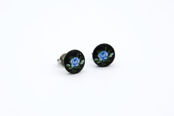 Vintage Small Blue Rose Flower Studs Black Floral Earrings Vintage Rose