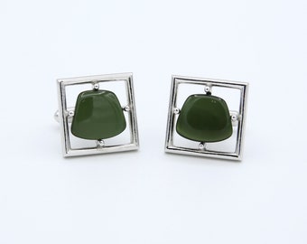 Vintage 1965 Sarah Coventry THE NEW YORKER  Men's Cufflinks Silver Tone Green Stone Formal Wear Accessory Rare