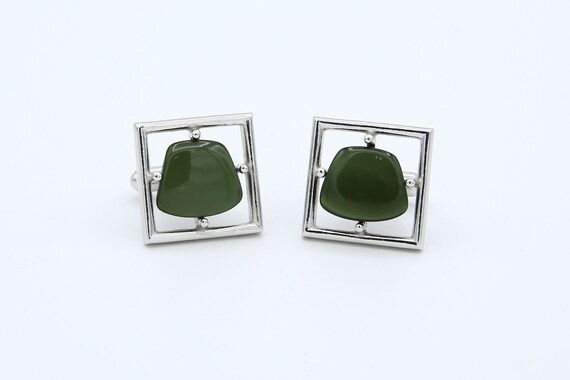 Vintage 1965 Sarah Coventry THE NEW YORKER  Men's Cufflinks Silver Tone Green Stone Formal Wear Accessory Rare
