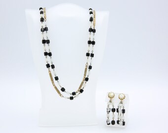 Vintage 1960s Sarah Coventry ROPE OF FASHION (Jet) Necklace Earrings Clip-On Black White Frosted Gold Tone Set Rare!