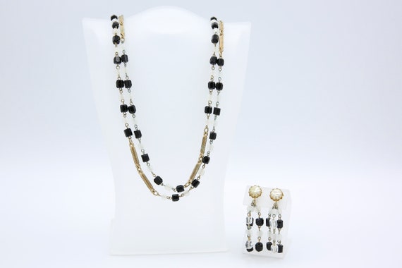 Vintage 1960s Sarah Coventry ROPE OF FASHION (Jet) Necklace Earrings Clip-On Black White Frosted Gold Tone Set Rare!