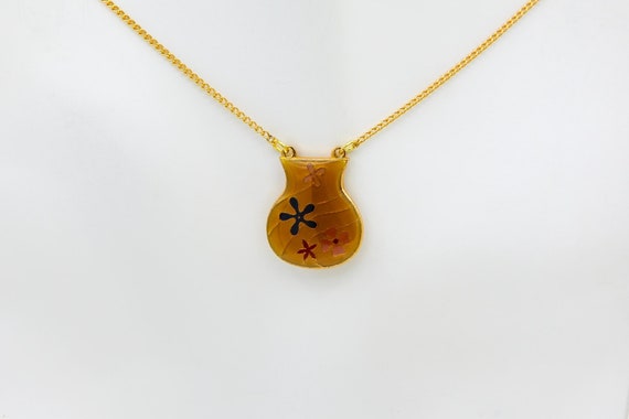Vintage Enameled Metal Flower Vase Pendant Necklace Gold Plated Chain Yellow