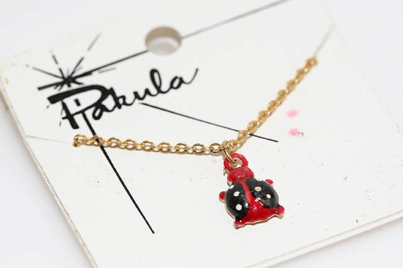 Vintage Pakula Ladybug Pendant Necklace - NOS - Retro Gold Tone Kids Charm Jewelry