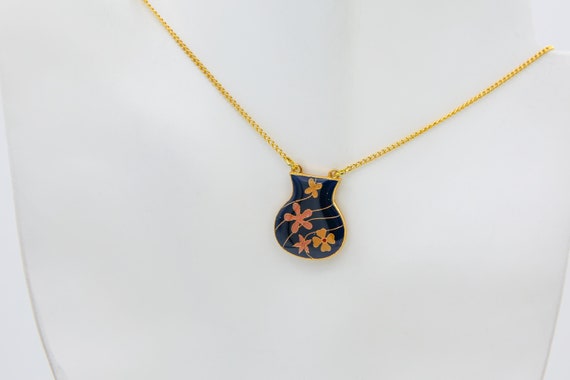 Vintage Enameled Metal Flower Vase Pendant Necklace Gold Plated Chain Dark Blue