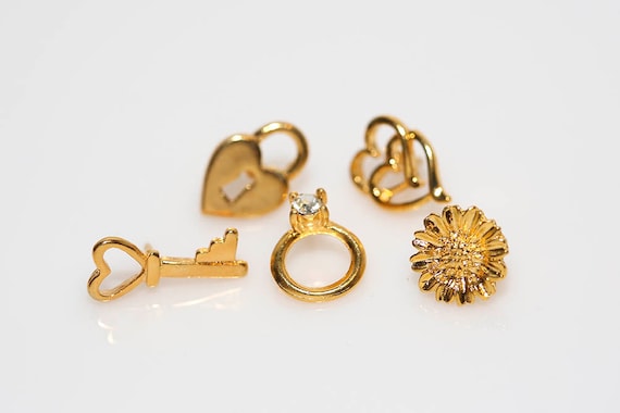 Vintage Forever Friends Tack Pin Set of 5 | Gold Tone Flower Heart Key Rhinestone Ring Lock | NOS Friendship
