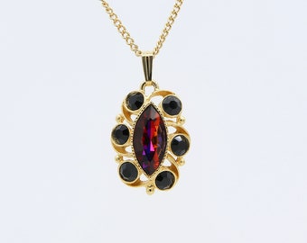 Vintage Sarah Coventry 1974 JAVA Gold Tone Necklace Chain Ruby Red Rhinestone Black Onyx Pendant Rare!