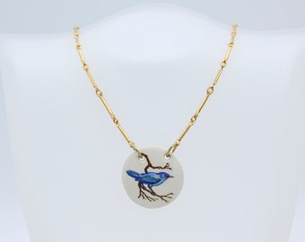 Vintage Sarah Coventry 1978 PARADISE Necklace Ceramic Pendant Drop Gold Tone Bluebird Blue Bird Rare!