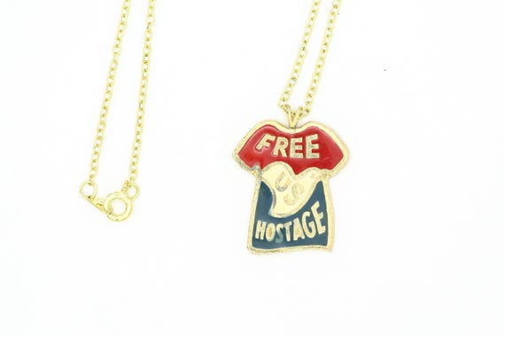 Vintage Iran Hostage Crisis T-Shirt Pendant Necklace | Red White Blue Enamel Gold Tone