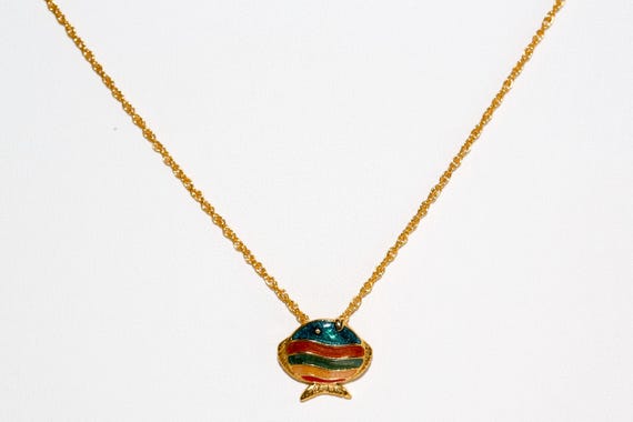 Vintage Something Fishy Necklace NOS Gold Tone Chain Enameled Fish Pendant Charm Retro Striped