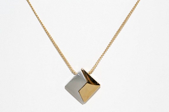 Vintage Modern Pewter Geometric Square Diamond Necklace NOS Mixed Metal Gold Tone Chain Silver Tone Pendant
