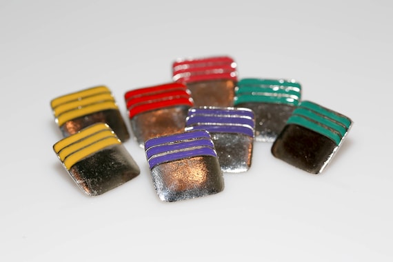 Vintage Square Striped Earrings NOS Silver Tone Studs Red Yellow Green Purple 1980s 80s Earrings