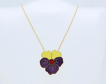 Vintage Sarah Coventry 1978 SPRING BEAUTY Necklace Pendant Drop Gold Tone Floral Purple Yellow Flower Enameled Metal Rare!