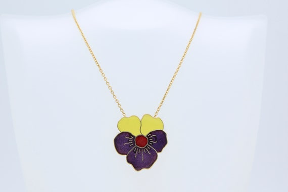 Vintage Sarah Coventry 1978 SPRING BEAUTY Necklace Pendant Drop Gold Tone Floral Purple Yellow Flower Enameled Metal Rare!