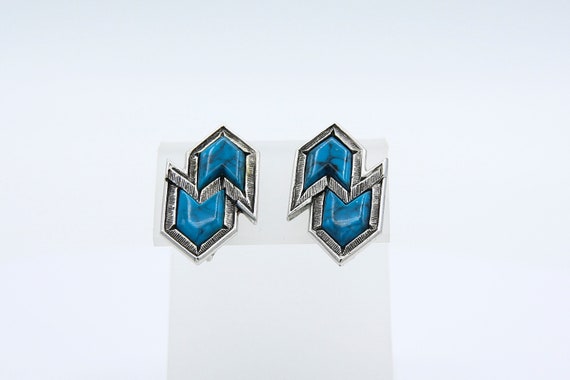 Vintage 1974 Sarah Coventry INCA Earrings Silver Tone Faux Turquoise Geometric Clip On Rare!
