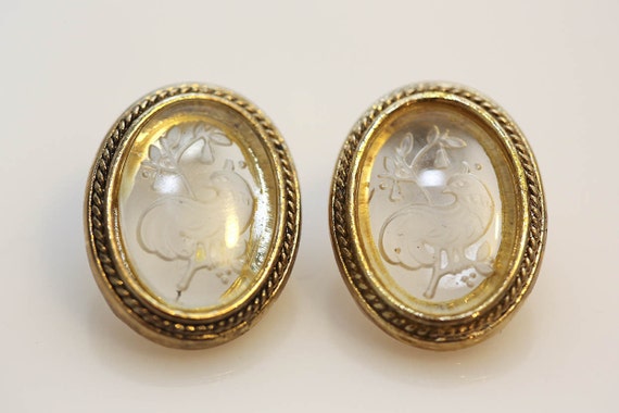 Vintage Clear Glass Frosted Bird Earrings Reverse Etched Oval Pierced