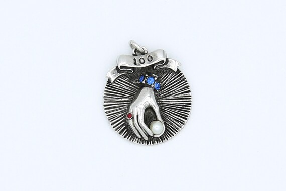 Vintage 1960 Sarah Coventry 100 RECRUITS Recruitment Drop Sales Award Charm Silver Tone RARE Faux Pearl Rhinestone Hand