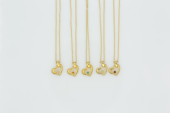 Vintage Gold Tone Birthstone Heart Pendant Necklace: Dainty Rhinestone Charm NOS