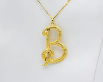 Vintage Large Gold Initial Letter B Pendant Charm Necklace Bling Gold Tone Chain