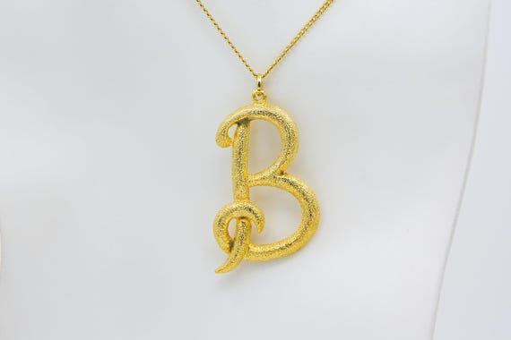 Vintage Large Gold Initial Letter B Pendant Charm Necklace Bling Gold Tone Chain
