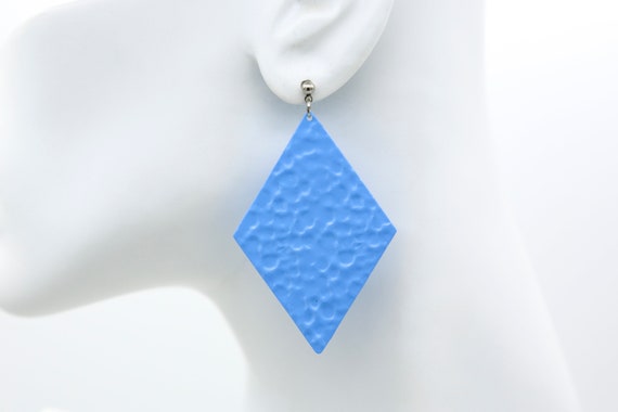 Vintage Blue Textured Diamond Dangle Earrings NOS 1980s Large Retro Statement Earrings