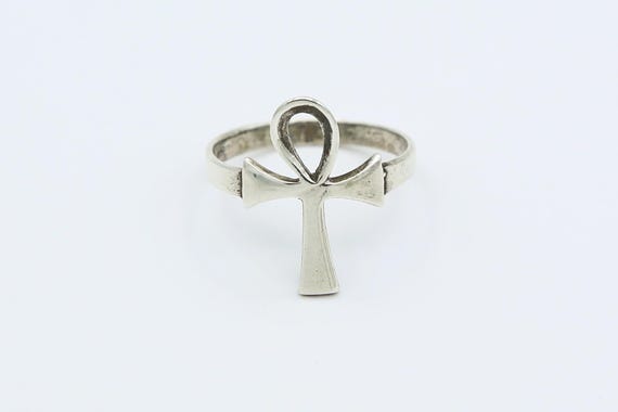 Vintage Sterling Silver 925 Egyptian Ankh Ring Hieroglyphic Symbol Life Cross Ancient Size 4.5 6.5