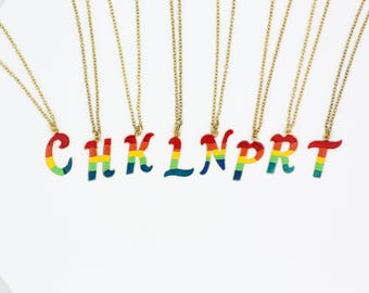 Vintage Rainbow Initial Necklace: 80s Gold Tone Letter Pendant