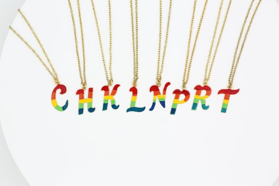 Vintage Rainbow Initial Pendant Necklace NOS Retro Gold Tone 80s Rainbow Letter Pride 1980s Necklace LGBTQ