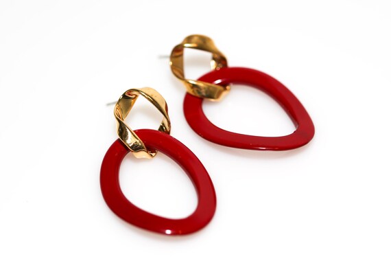 Vintage Link Earrings in Red + Gold Dangle Drops for Pierced Ears NOS