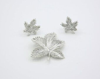 Vintage 1967 Sarah Coventry SILVERY MAPLE Clip Earrings Pin Brooch Silver Tone Leaf Set Rare!