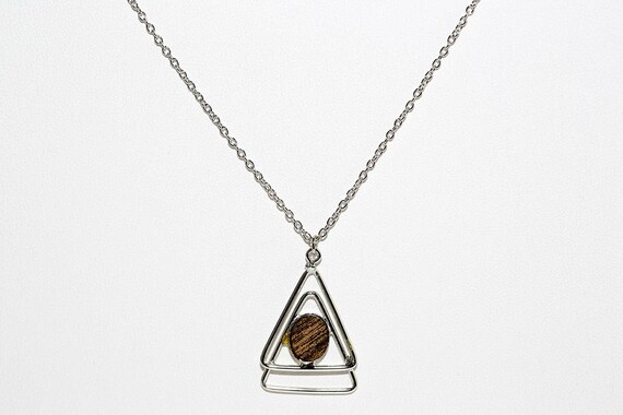 Vintage Silver Tone Triangle Mod Necklace Wood Grain Circle Modern Minimalist NOS