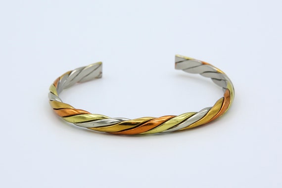 Vintage 1977 Sarah Coventry TRI-TWIST Cuff Bracelet RARE Mixed Metal Silver Gold Copper