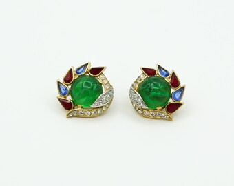 Vintage Trifari Jewels of India Earrings | Faux Emerald, Ruby, Sapphire Pavé Gold Plated